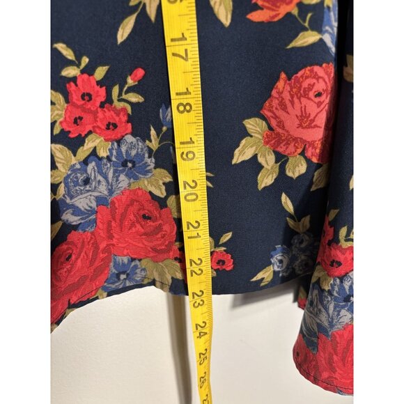 Floral Bell Sleeve Blouse Womens Keyhole Back Navy with Red Roses One Clothing M - Picture 7 of 9
